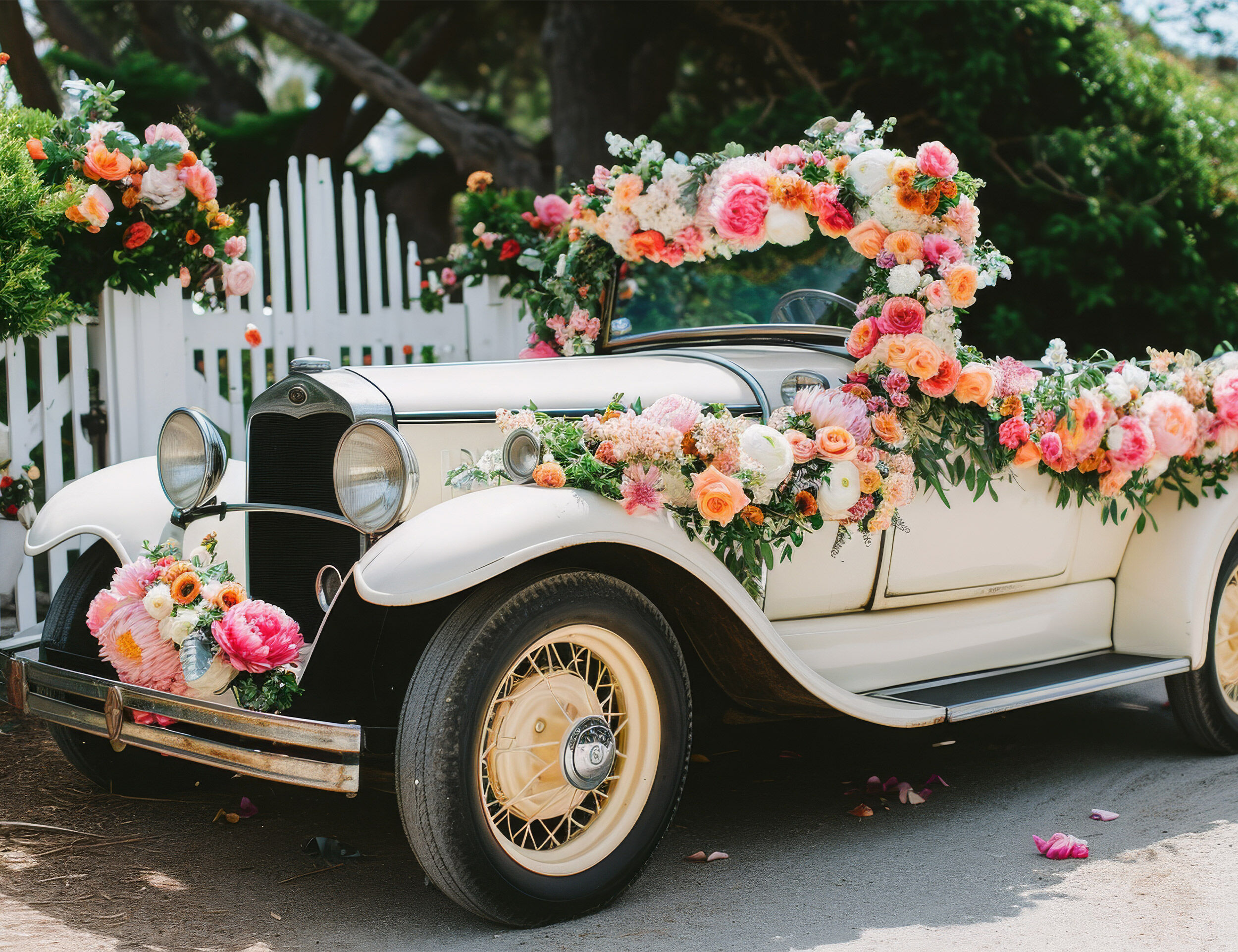 Wedding car adorned with floral garlands 